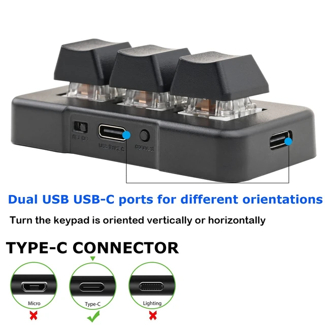Alt view image 2 of 7 - Mini USB Type C Wired 3 Key Mechanical Keypad 9 Keys Fully Progammable Macro Gaming Keyboard,One- Handed Control RGB Light HID Pad (Black)