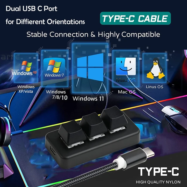 Alt view image 5 of 7 - Mini USB Type C Wired 3 Key Mechanical Keypad 9 Keys Fully Progammable Macro Gaming Keyboard,One- Handed Control RGB Light HID Pad (Black)