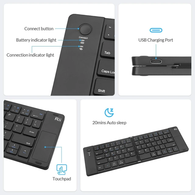 Alt view image 5 of 7 - RK808 Foldable Bluetooth Keyboard with Touchpad | Portable Rechargable Folding Bluetooth Keyboard,Mini Trackpad Travel Keyboards for iPad, iPhone, Windows, Mac, Android-Black