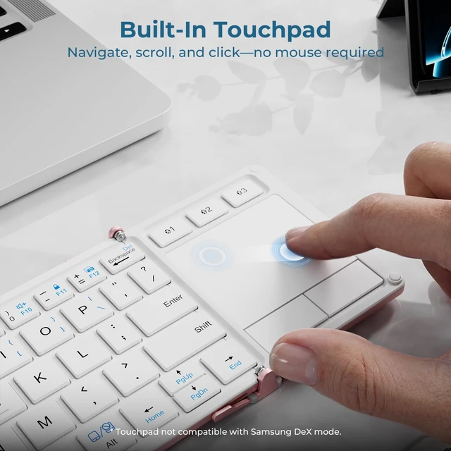 Alt view image 3 of 7 - BK08 Foldable Keyboard with Touchpad for Phone and Tablet, Pink | Multi-Touch Trackpad, Pocket-Sized, Aluminum Build, 3-Device Bluetooth Switching, USB-C Charging, for Travel and Remote Work