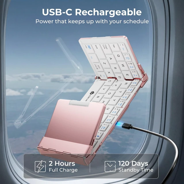 Alt view image 6 of 7 - BK08 Foldable Keyboard with Touchpad for Phone and Tablet, Pink | Multi-Touch Trackpad, Pocket-Sized, Aluminum Build, 3-Device Bluetooth Switching, USB-C Charging, for Travel and Remote Work