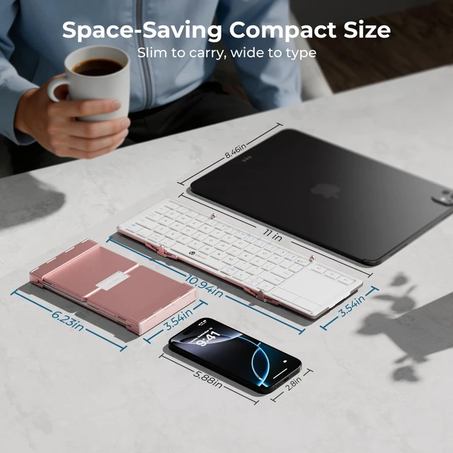 Alt view image 7 of 7 - BK08 Foldable Keyboard with Touchpad for Phone and Tablet, Pink | Multi-Touch Trackpad, Pocket-Sized, Aluminum Build, 3-Device Bluetooth Switching, USB-C Charging, for Travel and Remote Work