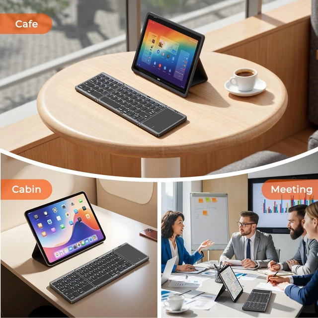 Alt view image 7 of 7 - Foldable Bluetooth Keyboard with Touchpad, Portable Wireless, Gray | Ultra-slim rechargeable folding keyboard with built-in touchpad, full-size keys, idea for travel, iOS/Android/Windows