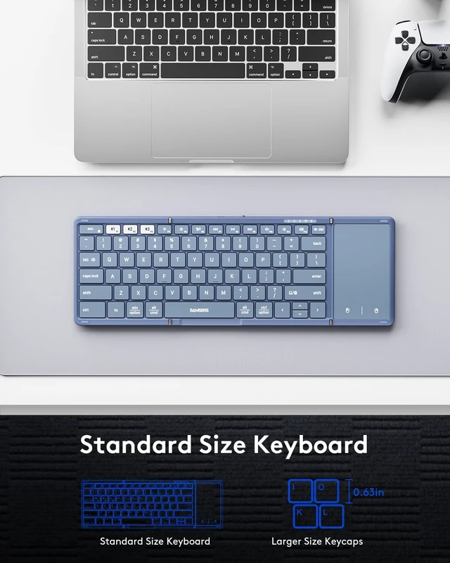 Alt view image 4 of 7 - Full-Size Foldable Bluetooth Keyboard with Large Touchpad, Blue | Multi-touch Trackpad, BT5.1x 3, Easily Switch, Phone Holder, Mouse click, Mobile Workflow, Velvet Bag, Business Travel Use