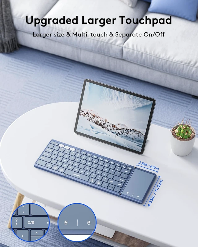 Alt view image 3 of 7 - Full-Size Foldable Bluetooth Keyboard with Large Touchpad, Blue | Multi-touch Trackpad, BT5.1x 3, Easily Switch, Phone Holder, Mouse click, Mobile Workflow, Velvet Bag, Business Travel Use