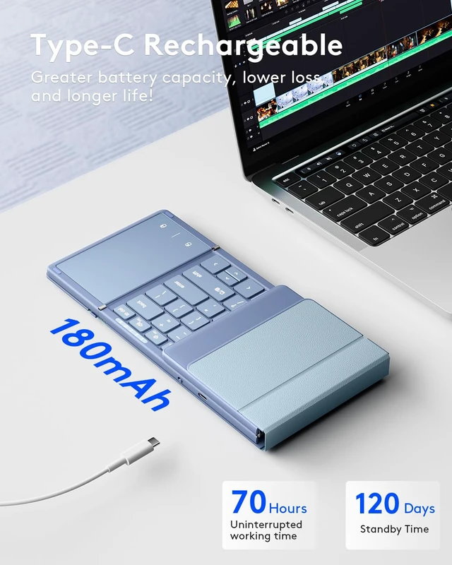 Alt view image 5 of 7 - Full-Size Foldable Bluetooth Keyboard with Large Touchpad, Blue | Multi-touch Trackpad, BT5.1x 3, Easily Switch, Phone Holder, Mouse click, Mobile Workflow, Velvet Bag, Business Travel Use