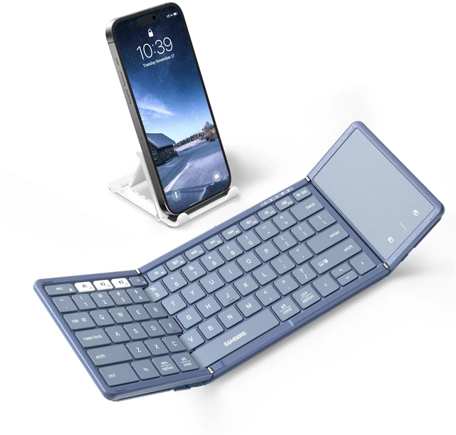 Main image of Full-Size Foldable Bluetooth Keyboard with Large Touchpad, Blue | Multi-touch Trackpad, BT5.1x 3, Easily Switch, Phone Holder, Mouse click, Mobile Workflow, Velvet Bag, Business Travel Use
