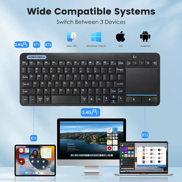 Alt view image 3 of 7 - Multi-Device Wireless Bluetooth Keyboard with Touchpad-QWERTY | Wireless Keyboard with Multi--Touch Big Size Trackpad,Support 3 Devices for PC,Windows, Android, Chrome OS, Laptop, Tablet