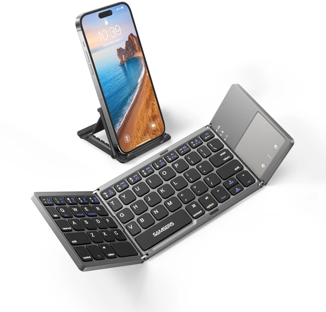 Main image of Foldable Bluetooth Keyboard with Touchpad, Ultra Slim Compact,Grey | Multi-touch Trackpad, Full Size, Phone Holder, USB-C Charging, 1 Device, for Android Windows iOS Mac OS, Mobile Productivity
