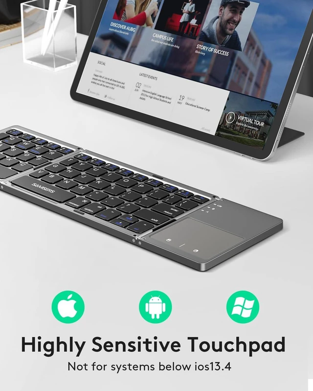 Alt view image 3 of 7 - Foldable Bluetooth Keyboard with Touchpad, Ultra Slim Compact,Grey | Multi-touch Trackpad, Full Size, Phone Holder, USB-C Charging, 1 Device, for Android Windows iOS Mac OS, Mobile Productivity