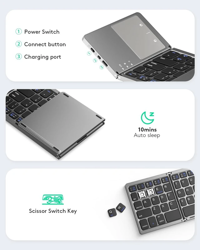 Alt view image 6 of 7 - Foldable Bluetooth Keyboard with Touchpad, Ultra Slim Compact,Grey | Multi-touch Trackpad, Full Size, Phone Holder, USB-C Charging, 1 Device, for Android Windows iOS Mac OS, Mobile Productivity