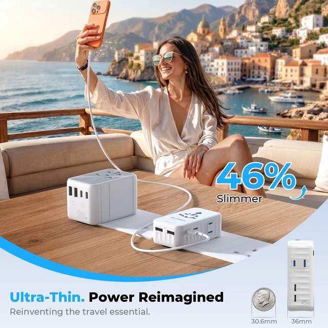 Alt view image 3 of 7 - 45W Ultra-Slim Universal Charger 6-in-1 for 200+ Countries | Aura 36mm Pocket-Sized Worldwide Power Plug, GaN Fast Charging Essentials for UK Europe Australia US (Arctic White)