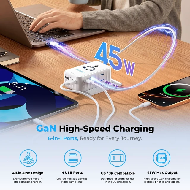 Alt view image 5 of 7 - 45W Ultra-Slim Universal Charger 6-in-1 for 200+ Countries | Aura 36mm Pocket-Sized Worldwide Power Plug, GaN Fast Charging Essentials for UK Europe Australia US (Arctic White)