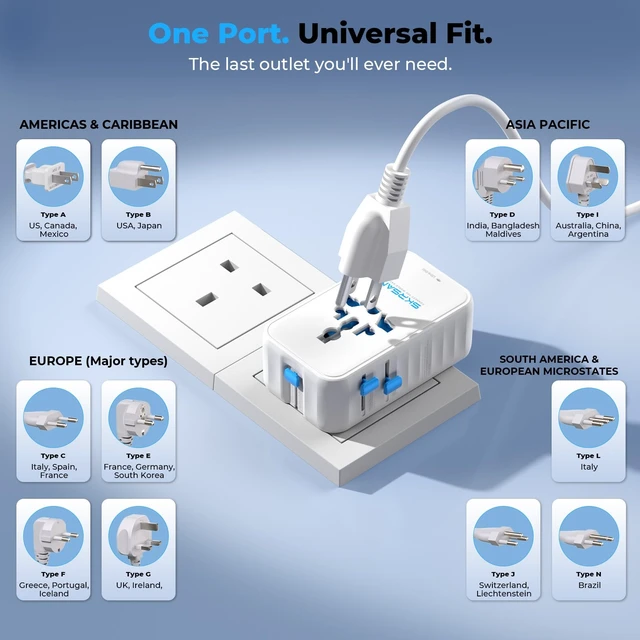 Alt view image 6 of 7 - 45W Ultra-Slim Universal Charger 6-in-1 for 200+ Countries | Aura 36mm Pocket-Sized Worldwide Power Plug, GaN Fast Charging Essentials for UK Europe Australia US (Arctic White)