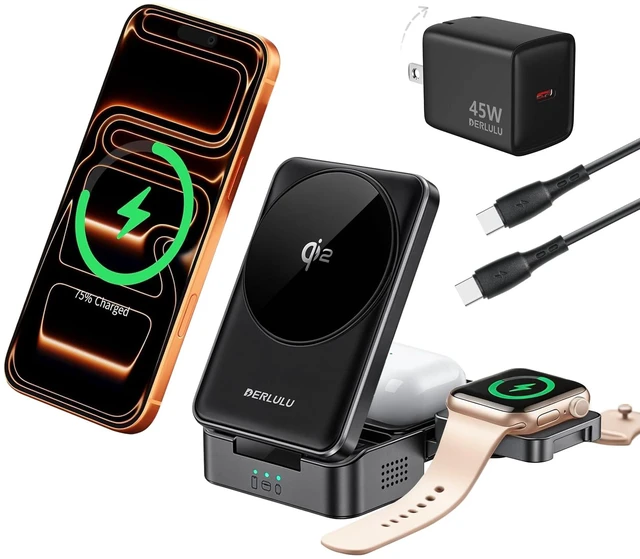 Main image of Foldable 3-in-1 Wireless Charger for Apple Devices, Qi2 15W Magnetic Fast Charging Dock for iPhone 17/16, Apple Watch, AirPods and More, (45W USB-C Charger & 5ft Type-C Cable Included)