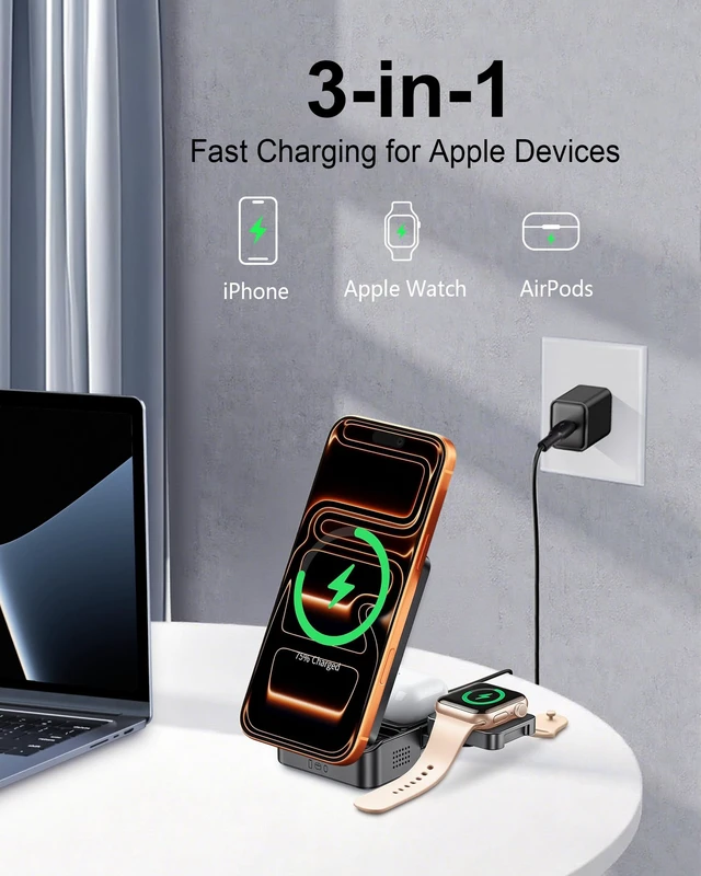 Alt view image 2 of 7 - Foldable 3-in-1 Wireless Charger for Apple Devices, Qi2 15W Magnetic Fast Charging Dock for iPhone 17/16, Apple Watch, AirPods and More, (45W USB-C Charger & 5ft Type-C Cable Included)