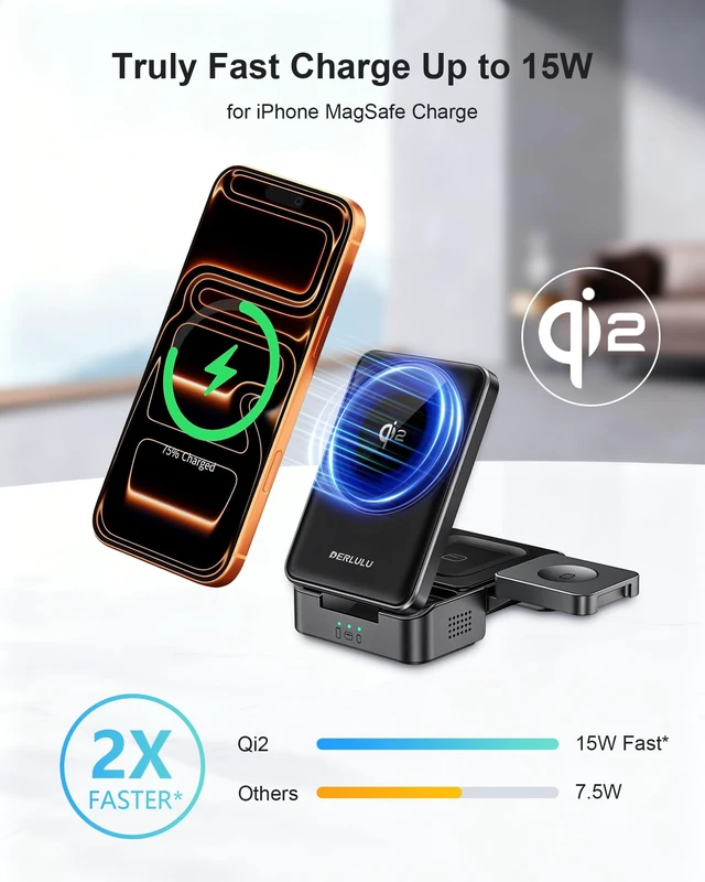 Alt view image 3 of 7 - Foldable 3-in-1 Wireless Charger for Apple Devices, Qi2 15W Magnetic Fast Charging Dock for iPhone 17/16, Apple Watch, AirPods and More, (45W USB-C Charger & 5ft Type-C Cable Included)