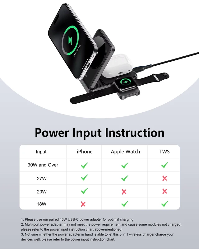 Alt view image 7 of 7 - Foldable 3-in-1 Wireless Charger for Apple Devices, Qi2 15W Magnetic Fast Charging Dock for iPhone 17/16, Apple Watch, AirPods and More, (45W USB-C Charger & 5ft Type-C Cable Included)