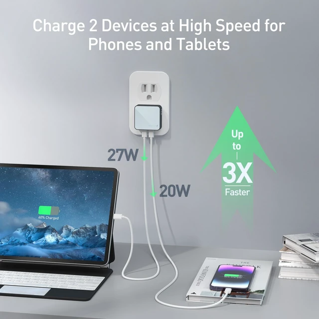 Alt view image 3 of 7 - Flat USB C Wall Charger, 47W Dual Ports USB C Charger Block, PPS Fast Charging Wall Plug for iPhone 17/17 Pro/17 Pro Max, Galaxy, MacBook Air, iPad, AirPods and More