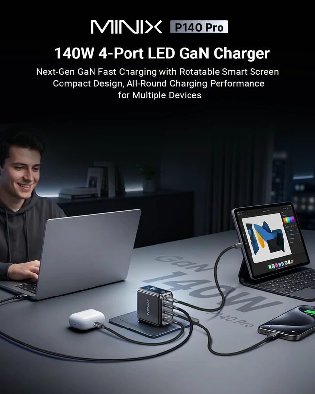 Alt view image 2 of 7 - 140W Max 4-Port GaN Charging Blocks,Smart Display for MacBook Charger | PD 3.1 USB C Travel Power Adapter with 240W Cable, Touch Control for Laptop, iPad, iPhone 17, Galaxy S25/24 (US/EU/UK Plugs)