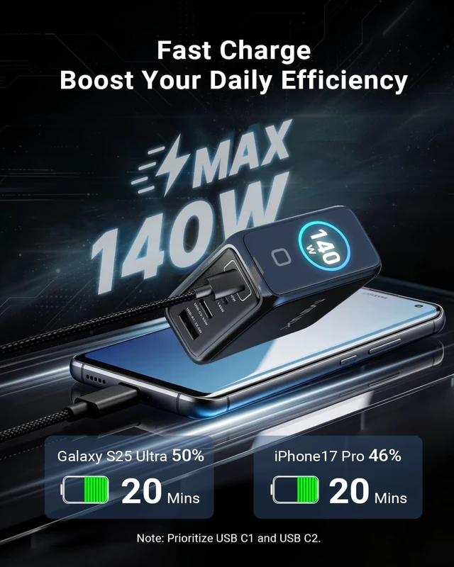 Alt view image 3 of 7 - 140W Max 4-Port GaN Charging Blocks,Smart Display for MacBook Charger | PD 3.1 USB C Travel Power Adapter with 240W Cable, Touch Control for Laptop, iPad, iPhone 17, Galaxy S25/24 (US/EU/UK Plugs)