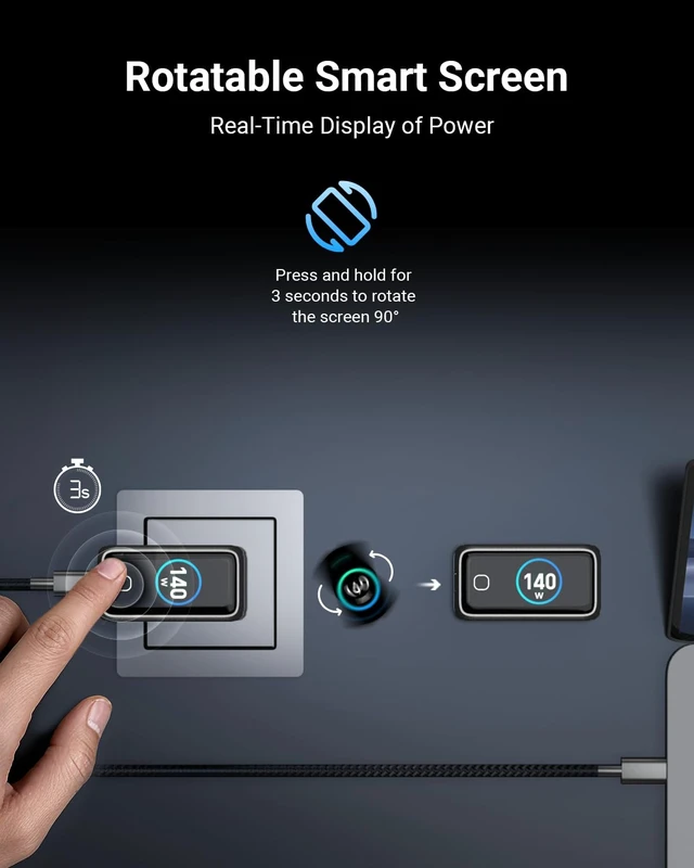 Alt view image 5 of 7 - 140W Max 4-Port GaN Charging Blocks,Smart Display for MacBook Charger | PD 3.1 USB C Travel Power Adapter with 240W Cable, Touch Control for Laptop, iPad, iPhone 17, Galaxy S25/24 (US/EU/UK Plugs)