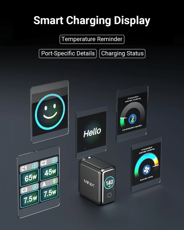 Alt view image 6 of 7 - 140W Max 4-Port GaN Charging Blocks,Smart Display for MacBook Charger | PD 3.1 USB C Travel Power Adapter with 240W Cable, Touch Control for Laptop, iPad, iPhone 17, Galaxy S25/24 (US/EU/UK Plugs)