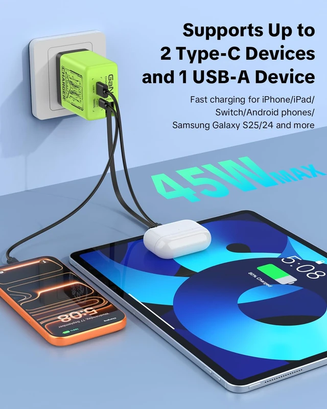 Alt view image 5 of 7 - Retractable Phone Charger with USB C Cable for iPhone17/16/15 | 47.2in 45W C-type dual port gan charger, suitable for fast charging of iPhone, wall charger for GalaxyS26/iPad/Airpods