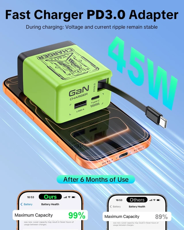 Alt view image 4 of 7 - Retractable Phone Charger with USB C Cable for iPhone17/16/15 | 47.2in 45W C-type dual port gan charger, suitable for fast charging of iPhone, wall charger for GalaxyS26/iPad/Airpods