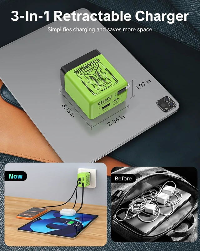 Alt view image 6 of 7 - Retractable Phone Charger with USB C Cable for iPhone17/16/15 | 47.2in 45W C-type dual port gan charger, suitable for fast charging of iPhone, wall charger for GalaxyS26/iPad/Airpods