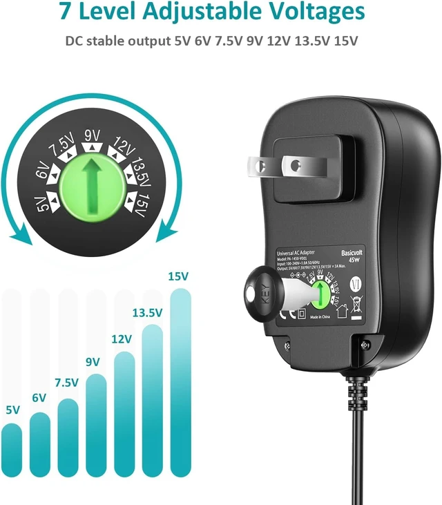Alt view image 2 of 7 - 45W Universal Power Supply AC DC Adapter Charger Cord 5V-15V 3A | with 5V 2A USB Port, Multiple Voltages, 5V 6V 7.5V 9V 12V 13.5V 15V 3A 2.5A AC Adapter, for Routers Speakers LED Strip Lights