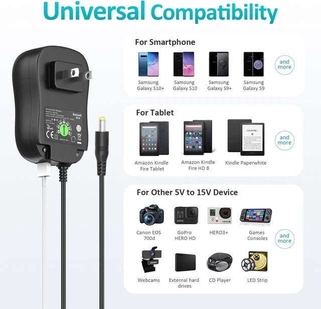 Alt view image 7 of 7 - 45W Universal Power Supply AC DC Adapter Charger Cord 5V-15V 3A | with 5V 2A USB Port, Multiple Voltages, 5V 6V 7.5V 9V 12V 13.5V 15V 3A 2.5A AC Adapter, for Routers Speakers LED Strip Lights
