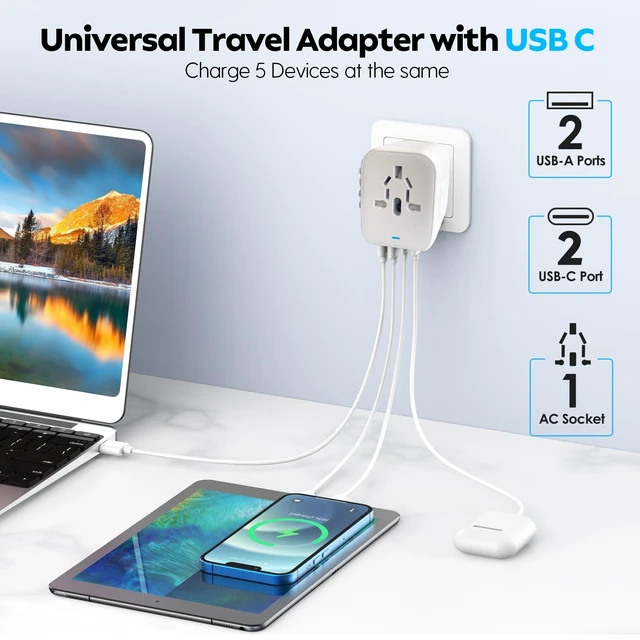 Alt view image 3 of 6 - International Power Adapter, 2 USB-C & 2 USB-A Ports,2500W AC Outlet | All-in-One Universal Travel Adapter,2.4A Fast Charging,EU/US/UK/AU Plugs,Compatibility for Worldwide Travel in 200+ Countries