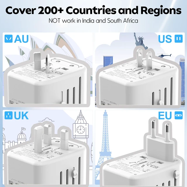 Alt view image 5 of 6 - International Power Adapter, 2 USB-C & 2 USB-A Ports,2500W AC Outlet | All-in-One Universal Travel Adapter,2.4A Fast Charging,EU/US/UK/AU Plugs,Compatibility for Worldwide Travel in 200+ Countries