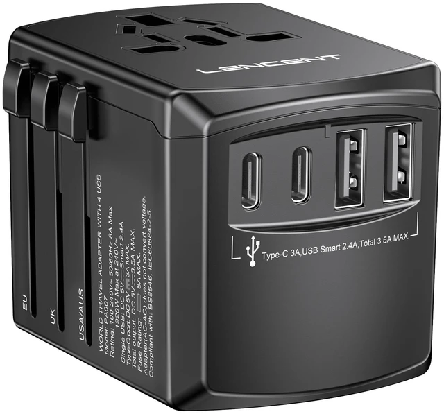 Main image of Universal Travel Power Adapter, International AC Plug Adaptor | with 2 USB C 2 USB A Ports Wall Charger Worldwide Travel Essentials for US to EU UK Ireland Australia (Type C/G/A/I) Black