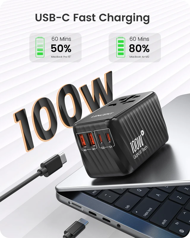 Alt view image 2 of 7 - Universal Travel Adapter, 100W GaN International Fast Charger | with 2 PD3.0 Type C+2 USB A, Worldwide Power Adaptor for Phones,Laptops, All in One Travel Essentials for EU/USA/UK/AU, Black