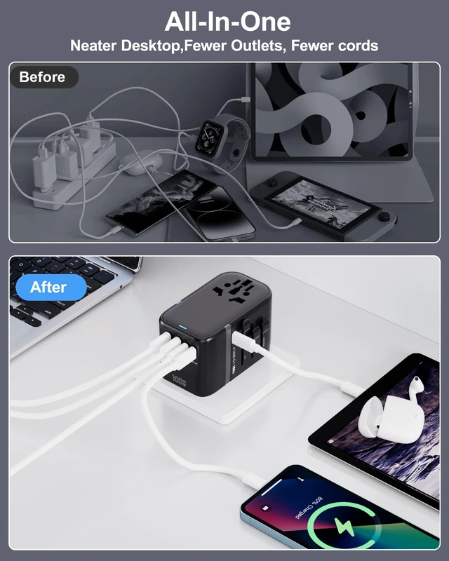 Alt view image 4 of 7 - 100W GaN Universal Travel Adapter International Power Adapter, with 5 USB(3 USB C) Charging Ports European Travel Plug Worldwide for US to Europe UK, EU, AU (Type C/G/A/I) Outlet Wall Charger