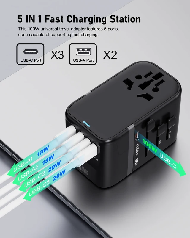 Alt view image 5 of 7 - 100W GaN Universal Travel Adapter International Power Adapter, with 5 USB(3 USB C) Charging Ports European Travel Plug Worldwide for US to Europe UK, EU, AU (Type C/G/A/I) Outlet Wall Charger