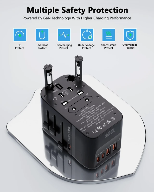 Alt view image 3 of 7 - 100W GaN Universal Travel Adapter International Power Adapter, with 5 USB(3 USB C) Charging Ports European Travel Plug Worldwide for US to Europe UK, EU, AU (Type C/G/A/I) Outlet Wall Charger