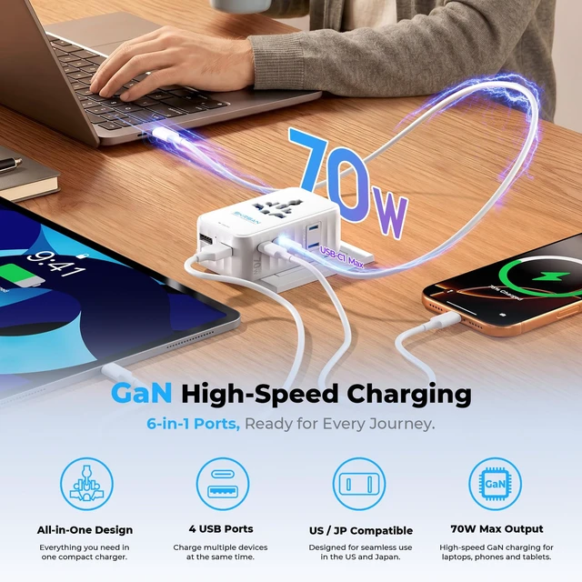 Alt view image 5 of 7 - Aura 70W International Travel Adapter, 6-in-1 Universal Wall Charger | Aura 36mm Ultra-Slim, PD & QC 3.0 Fast Charging Essentials for Laptop, Phone, UK Europe USA Australia (Arctic White)