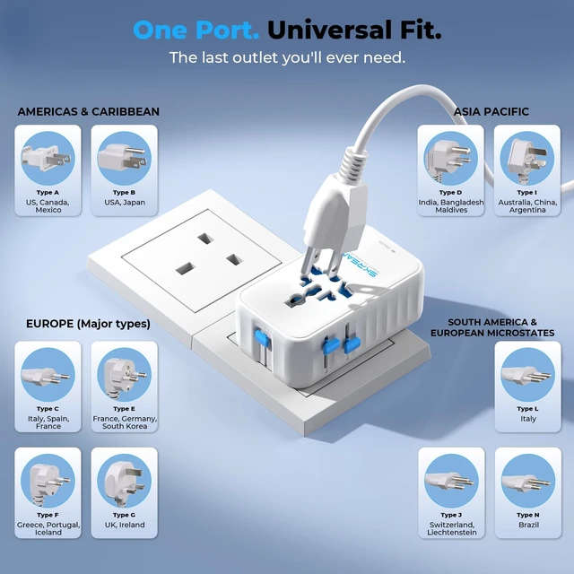 Alt view image 6 of 7 - Aura 70W International Travel Adapter, 6-in-1 Universal Wall Charger | Aura 36mm Ultra-Slim, PD & QC 3.0 Fast Charging Essentials for Laptop, Phone, UK Europe USA Australia (Arctic White)