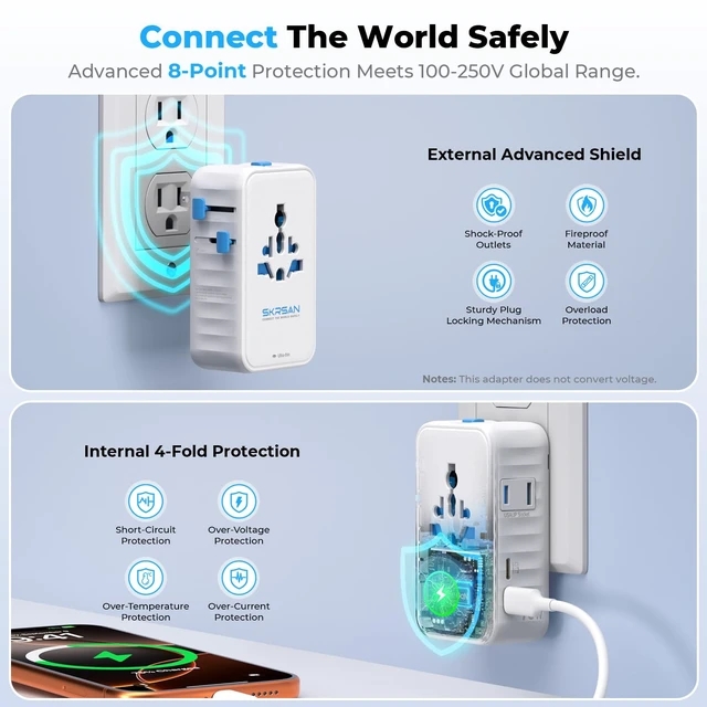 Alt view image 7 of 7 - Aura 70W International Travel Adapter, 6-in-1 Universal Wall Charger | Aura 36mm Ultra-Slim, PD & QC 3.0 Fast Charging Essentials for Laptop, Phone, UK Europe USA Australia (Arctic White)