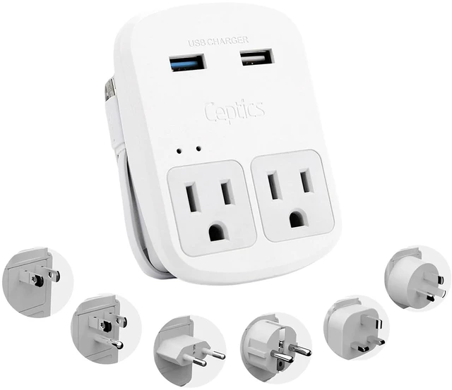 Main image of Universal Travel Adapter, Dual USB (QC 3.0) + 2 US outlets + USB-C Cable, Use with Chargers, Cell Phones, Laptops, 6 Plug attachments for Worldwide use (Does Not Convert Voltage) (WPS-2B)