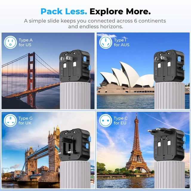 Alt view image 4 of 7 - Aura Mini Ultra-Compact International Plug, 2 Pack (Midnight Black) | Universal Charger for 200+ Countries (US/EU/UK/AU/AS), Portable Power Converter for Business TripNO USB A/C