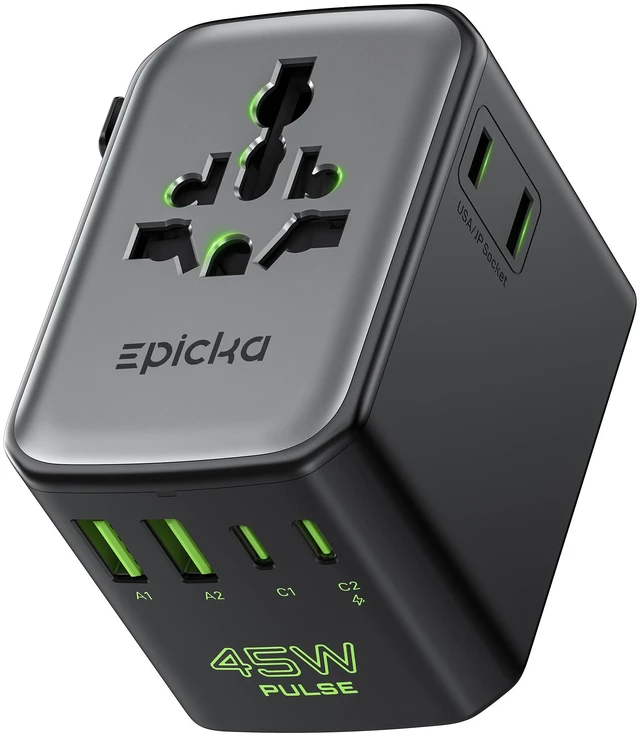 Main image of Pulse Duo 45W Universal Travel Adapter PD/QC 3.0, 2AC/2USB-C/2USB-A | International Power Adapter for EU/US/UK/AU, Fast-Charging for Multi-Device Use, Black