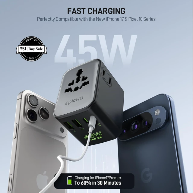 Alt view image 2 of 7 - Pulse Duo 45W Universal Travel Adapter PD/QC 3.0, 2AC/2USB-C/2USB-A | International Power Adapter for EU/US/UK/AU, Fast-Charging for Multi-Device Use, Black