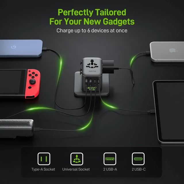 Alt view image 4 of 7 - Pulse Duo 45W Universal Travel Adapter PD/QC 3.0, 2AC/2USB-C/2USB-A | International Power Adapter for EU/US/UK/AU, Fast-Charging for Multi-Device Use, Black
