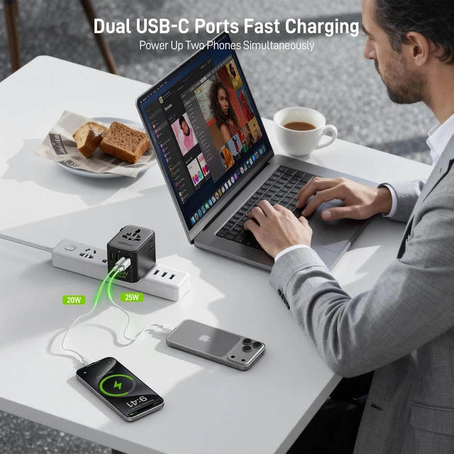 Alt view image 3 of 7 - Pulse Duo 45W Universal Travel Adapter PD/QC 3.0, 2AC/2USB-C/2USB-A | International Power Adapter for EU/US/UK/AU, Fast-Charging for Multi-Device Use, Black