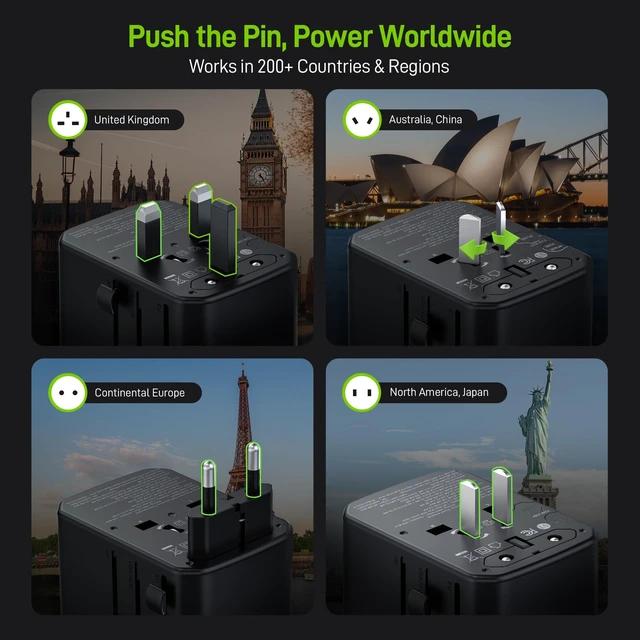 Alt view image 7 of 7 - Pulse Duo 45W Universal Travel Adapter PD/QC 3.0, 2AC/2USB-C/2USB-A | International Power Adapter for EU/US/UK/AU, Fast-Charging for Multi-Device Use, Black