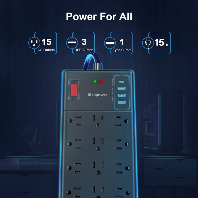 Alt view image 2 of 7 - Surge Protector Power Strip 15 ft cord-15 Widely Spaced Outlets and 4 USB Ports(1 USB C Port),14 AWG Extension Cord,1875W/15A Heavy Duty Power Strip Surge Protector 15 ft Cord,2800J,Black